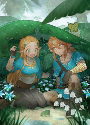 Rule 34 | 1boy, 1girl, :d, animal, arm rest, blonde hair, blue eyes, blush, boots, braid, closed mouth, collarbone, crown braid, day, earrings, fingerless gloves, flower, forest, frog, gloves, grass, green eyes, hair between eyes, hair ornament, hairclip, hand on another&#039;s arm, hand up, happy, highres, jewelry, knee up, korok, layered sleeves, leaf, link, long hair, long sleeves, looking at another, looking down, low ponytail, nature, nintendo, on ground, open mouth, outdoors, pants, pointy ears, ponytail, princess zelda, puddle, rain, shirt, short over long sleeves, short sleeves, sidelocks, silent princess, single earring, sitting, smile, the legend of zelda, the legend of zelda: breath of the wild, tree, tunic, very long hair, wariza, water, wet, wet clothes, zuizi