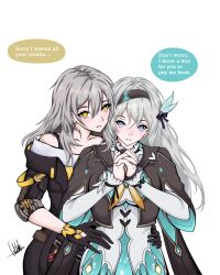 Rule 34 | 2girls, absurdres, blush, english text, firefly (honkai: star rail), grey hair, highres, holding, honkai: star rail, honkai (series), long hair, makeup, mirasolxia, multicolored eyes, multiple girls, night, night sky, non-web source, self-upload, sky, stelle (honkai: star rail), trailblazer (honkai: star rail), white hair, yellow eyes