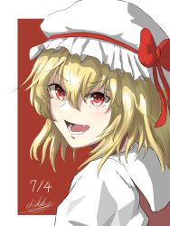 Rule 34 | 1girl, banzaibanzaibanzai, blonde hair, commentary request, fang, flandre scarlet, from side, hair between eyes, hat, hat ribbon, highres, looking to the side, lower teeth only, medium hair, mob cap, open mouth, puffy short sleeves, puffy sleeves, red background, red eyes, red ribbon, red vest, ribbon, sharp teeth, shirt, short sleeves, simple background, solo, teeth, touhou, upper body, vest, white hat, white shirt