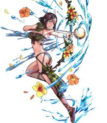 Rule 34 | 1girl, angry, armpits, arrow (projectile), ass, bare shoulders, bikini, black hair, bow (weapon), breasts, cleavage, clenched teeth, feathers, fire emblem, fire emblem awakening, fire emblem heroes, flower, full body, hair ornament, hibiscus, highres, holding, holding bow (weapon), holding weapon, kusakihara toshiyuki, large breasts, leg up, nintendo, noire (fire emblem), non-web source, official art, short hair, sidelocks, solo, swimsuit, teeth, transparent background, weapon