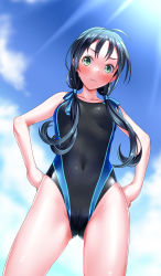Rule 34 | 1girl, alternate costume, black one-piece swimsuit, blue hair, blue sky, blush, breasts, cloud, commentary request, commission, competition swimsuit, covered navel, cowboy shot, day, gluteal fold, green eyes, hair ribbon, hand on own hip, highleg, highleg swimsuit, highres, kantai collection, long hair, looking at viewer, low twintails, one-piece swimsuit, outdoors, ribbon, skeb commission, sky, solo, standing, suzukaze (kancolle), swimsuit, tsuchimiya, twintails
