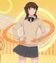 Rule 34 | 1girl, amagami, animated, animated gif, blinking, bow, bowtie, brown hair, dancing, hands on own hips, lowres, pleated skirt, sakurai rihoko, school uniform, skirt, smile, solo, sweater