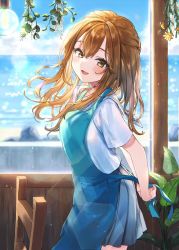 Rule 34 | 1girl, apron, arms behind back, blouse, breasts, brown eyes, brown hair, copyright request, cowboy shot, day, highres, horizon, light blush, long hair, looking at viewer, mistletoe, nekoyashiki pushio, ocean, open mouth, plant, pleated skirt, shirt, short sleeves, skirt, small breasts, smile, solo, white shirt, wooden chair