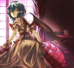 Rule 34 | 1girl, aqua hair, bat wings, couch, curtains, dress, eredhen, glowing, glowing eyes, looking at viewer, looking back, pointy ears, puffy short sleeves, puffy sleeves, remilia scarlet, revision, sash, short sleeves, solo, touhou, white dress, window, wings, wrist cuffs, yellow eyes