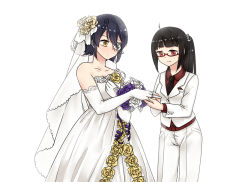 Rule 34 | 10s, 2girls, anchor hair ornament, bare shoulders, black hair, blush, bouquet, bridal gauntlets, bridal veil, commentary request, dress, eyepatch, female admiral (kancolle), flower, gem, glasses, hair ornament, jewelry, kantai collection, kumin (6939359), multiple girls, purple flower, purple hair, red-framed eyewear, red eyes, ring, sleeveless, sleeveless dress, smile, tenryuu (kancolle), veil, wedding dress, wedding ring, white flower, wife and wife, yellow eyes, yellow flower, yuri