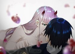 Rule 34 | 10s, 1boy, 1girl, ass, black hair, blurry, closed mouth, clothed male nude female, couple, darling in the franxx, depth of field, face-to-face, girl on top, green eyes, hetero, hiro (darling in the franxx), horns, imminent kiss, long hair, looking at another, military, military uniform, nude, oni horns, pink hair, raitho, short hair, smile, thighhighs, uniform, zero two (darling in the franxx)