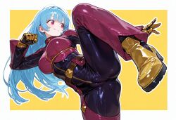 1girl belt blue_hair boots cameltoe drowsy_sheep fighting_stance gloves kicking kula_diamond long_hair purple_eyes snk the_king_of_fighters