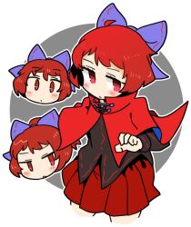 Rule 34 | 1girl, black shirt, blue bow, bow, cape, cowboy shot, cropped legs, disembodied head, hair bow, ini (inunabe00), long sleeves, pleated skirt, red cape, red eyes, red hair, red skirt, sekibanki, shirt, short hair, skirt, solo, touhou