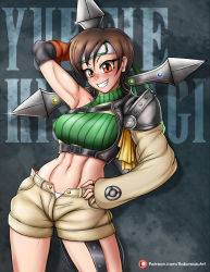 Rule 34 | 1girl, abs, armor, asymmetrical legwear, bare shoulders, brown eyes, brown hair, brown shorts, cloud, commentary, cowboy shot, crop top, cropped sweater, final fantasy, final fantasy vii, fingerless gloves, fishnets, furrowed brow, gloves, green sweater, grin, headband, highres, holding, holding weapon, huge weapon, looking at viewer, midriff, navel, open fly, orange gloves, ribbed sweater, rokumaruart, short hair, shorts, shuriken, sleeveless, sleeveless sweater, sleeveless turtleneck, smile, solo, standing, sweater, toned, turtleneck, uneven legwear, weapon, yuffie kisaragi