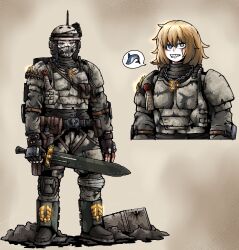 Rule 34 | 1girl, ammunition pouch, astra militarum, bandana, bandana over mouth, belt, blonde hair, blue eyes, bullet, camouflage, fingerless gloves, gloves, grey eyes, helmet, heterochromia, highres, imperial aquila, inquisition (warhammer), jewelry, looking at viewer, necklace, octosoup, pouch, power sword, purity seal, scar, scar across eye, shark, shark tooth, sharp teeth, solo, teeth, warhammer 40k