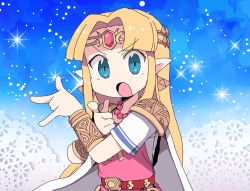 Rule 34 | 1girl, bead necklace, beads, bishoujo senshi sailor moon, blonde hair, blue eyes, cape, circlet, dokan (dkn), dress, earrings, jewelry, long hair, looking at viewer, necklace, nintendo, open mouth, pink dress, pointy ears, princess zelda, sailor moon, simple background, solo, sparkle, the legend of zelda, the legend of zelda: a link between worlds, triforce, tsuki ni kawatte oshioki yo, upper body, white cape