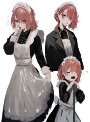 Rule 34 | 1girl, absurdres, apron, broom, cigarette, closed mouth, grey eyes, highres, holding, holding broom, holding cigarette, jacket, long sleeves, looking at viewer, maid, maid apron, maid headdress, mole, mole under eye, multiple views, open mouth, original, piercing, pikuson, red hair, short hair, simple background, skirt hold, white apron, white background, wrist cuffs, yawning