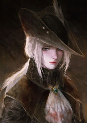 Rule 34 | 1girl, absurdres, black hat, blood, blood on clothes, bloodborne, female focus, grey eyes, hat, highres, jewelry, juuliew, lady maria of the astral clocktower, looking at viewer, nose, portrait, solo, white hair
