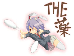 Rule 34 | 1girl, animal ears, bad id, bad pixiv id, blazer, female focus, fuji-k, jacket, necktie, one eye closed, purple hair, rabbit ears, red eyes, reisen udongein inaba, skirt, solo, suppository, thighhighs, touhou, translation request, white thighhighs, wink