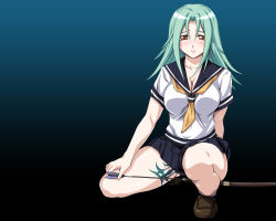 Rule 34 | 1girl, aqua hair, arm behind back, arrow (projectile), black background, blue background, blush, boukyaku no senritsu, bow (weapon), breasts, cleavage, embarrassed, full body, gradient background, hair between eyes, hand on thigh, large breasts, loafers, looking at viewer, miniskirt, necktie, non-web source, orange eyes, parted bangs, pleated skirt, school uniform, serafuku, shirt, shoes, skirt, socks, solo, spread legs, squatting, tattoo, thick thighs, thighs, tone requiem, toone requiem, weapon, zundarepon