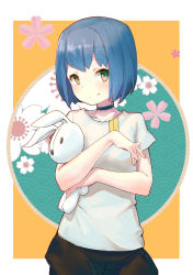 Rule 34 | 1girl, absurdres, aged down, black choker, black skirt, blue hair, bob cut, cherry blossoms, chinese commentary, choker, closed mouth, commentary request, cowboy shot, crossed arms, darling in the franxx, green background, green eyes, highres, ichigo (darling in the franxx), outside border, shiliuyexiaohei, shirt, short hair, skirt, smile, solo, stuffed animal, stuffed rabbit, stuffed toy, t-shirt, white shirt, yellow background