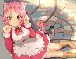 Rule 34 | 10s, 1girl, animal ears, apron, blush, boots, bow, breasts, cat ears, cat tail, dress, freckles, frills, highres, large breasts, lisbeth (sao), moripomera, paw pose, pink eyes, pink hair, short hair, smile, solo, sword art online, tail