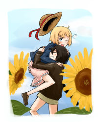 Rule 34 | 2girls, black hair, blonde hair, blue eyes, blush, chikiso, closed eyes, dominica s. gentile, flower, hand on head, hat, hug, jane t. godfrey, multiple girls, one eye closed, skirt, smile, straw hat, strike witches, strike witches: kurenai no majo-tachi, sunflower, world witches series