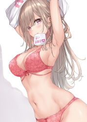 Rule 34 | 1girl, armpits, arms up, bare shoulders, bow, bow bra, bow panties, bra, breasts, cleavage, commentary request, floral print, grey background, groin, hair behind ear, hair between eyes, highres, large breasts, light brown hair, long hair, looking at viewer, mouth hold, navel, original, panties, print bra, print panties, red bow, red bra, red eyes, red panties, shirt, sidelocks, simple background, stomach, strap gap, swept bangs, translation request, two-tone background, underwear, undressing, white background, white shirt, wing (aiastor)