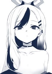 Rule 34 | 1girl, blue archive, choker, closed mouth, collarbone, earclip, greyscale, hair between eyes, hair down, hair ornament, hairclip, halo, highres, horns, ichijou (kr neru0), jewelry, kayoko (blue archive), long hair, looking at viewer, monochrome, multicolored hair, official alternate costume, simple background, solo, upper body