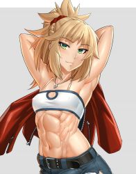 Rule 34 | 1girl, abs, armpits, arms up, bandeau, belt, blonde hair, blush, braid, breasts, collarbone, covered erect nipples, denim, denim shorts, fate/apocrypha, fate (series), green eyes, grey background, hair ornament, hair scrunchie, jacket, jewelry, looking at viewer, midriff, mikoyan, mordred (fate), mordred (fate/apocrypha), mordred (memories at trifas) (fate), muscular, muscular female, navel, necklace, scrunchie, short hair, short shorts, shorts, sidelocks, simple background, small breasts, smile, solo