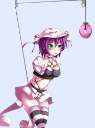 Rule 34 | 1girl, bait, bdsm, blue background, blush, bondage, bound, breasts, cleavage, crotch rope, doughnut, facial mark, fang, female focus, food, green eyes, hat, highres, maullarmaullar, merry nightmare, midriff, navel, open mouth, pointy ears, predicament bondage, pulley, purple hair, shibari, shibari over clothes, simple background, skirt, solo, standing, striped clothes, striped thighhighs, thighhighs, yumekui merry