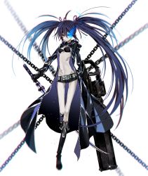 Rule 34 | 10s, 1girl, arm cannon, belt, bikini, bikini top only, black footwear, black gloves, black hair, black rock shooter, black rock shooter (character), black shorts, blue eyes, blue hair, blurry, boots, breasts, buckle, chain, choker, chromatic aberration, closed mouth, coat, dual wielding, full body, gloves, glowing, glowing eye, groin, hair between eyes, hair ribbon, holding, katana, knee boots, lens flare, long hair, long sleeves, looking at viewer, matching hair/eyes, midriff, pale skin, ribbon, sapphire (nine), scar, shorts, simple background, small breasts, solo, swimsuit, sword, twintails, underboob, uneven twintails, very long hair, weapon, white background