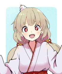 Rule 34 | 1girl, :d, alternate costume, blush, commentary request, fang, food, hakama, japanese clothes, kimono, light brown hair, long hair, long sleeves, looking at viewer, low twintails, miko, mochi, natori sana, obi, open mouth, red eyes, red hakama, red sash, sana channel, sash, skin fang, smile, solo, sparkling eyes, twintails, upper body, v-shaped eyebrows, virtual youtuber, white kimono, wide sleeves, youasato