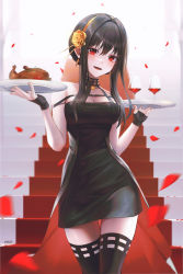 Rule 34 | 1girl, :d, black dress, black hair, black thighhighs, dress, flower, hair between eyes, hair flower, hair intakes, hair ornament, hairband, highres, holding, holding plate, inosia, looking at viewer, open mouth, petals, plate, red eyes, shiny skin, short dress, short hair with long locks, sidelocks, sleeveless, sleeveless dress, smile, solo, spy x family, stairs, standing, thigh gap, thighhighs, waist cape, yellow flower, yellow hairband, yor briar