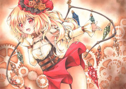 Rule 34 | 1girl, alternate costume, bad id, bad pixiv id, bare shoulders, blonde hair, censored, choker, convenient censoring, detached sleeves, fang, flandre scarlet, funnyfunny, gears, groin, hat, long hair, long sleeves, marker (medium), mini hat, mini top hat, no panties, open mouth, red eyes, shirt, side ponytail, skirt, smile, solo, steampunk, top hat, touhou, traditional media, upskirt, very long hair, vest, wind, wind lift, wings