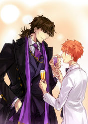 Rule 34 | 2boys, brown eyes, brown hair, cheekbones, cup, drinking glass, emiya shirou, fate/stay night, fate (series), formal, kotomine kirei, male focus, multiple boys, red hair, short ponytail, stole, suit, sunday31, tuxedo, wine glass