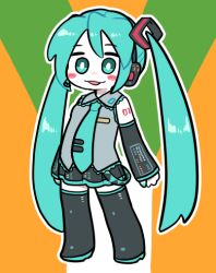 Rule 34 | 1girl, black footwear, black skirt, black sleeves, blue eyes, blue hair, blue nails, blue necktie, blush, boots, bright pupils, bseibutsu, colored skin, commentary, detached sleeves, fingernails, flat chest, full body, grey shirt, hair ornament, hatsune miku, headphones, long hair, long sleeves, looking at viewer, medium bangs, miku day, miniskirt, necktie, number tattoo, open mouth, pleated skirt, shirt, shoulder tattoo, skirt, sleeveless, sleeveless shirt, smile, solo, spring onion, tattoo, thigh boots, twintails, very long hair, vocaloid, white pupils, white skin