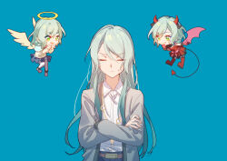 Rule 34 | :d, absurdres, angel, angel and devil, angel wings, aqua hair, bang dream!, blue background, blue skirt, boots, chibi, chinese commentary, closed eyes, closed mouth, collared shirt, commentary request, crossed arms, demon, demon horns, demon tail, demon wings, dress shirt, dual persona, gloves, green eyes, grey jacket, halo, highres, hikawa hina, hikawa sayo, horns, jacket, long hair, long sleeves, looking at another, medium hair, open mouth, puffy sleeves, red footwear, red gloves, shirt, shoulder angel, shoulder devil, siblings, sidelocks, simple background, skirt, smile, sweatdrop, tail, thigh boots, thighhighs, twins, upper body, walluka, white shirt, white thighhighs, wings, yellow shirt
