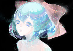 Rule 34 | 1other, absurdres, androgynous, bare shoulders, black background, blue eyes, blue hair, bob cut, bow, diamond (houseki no kuni), from side, hair bow, highres, houseki no kuni, light particles, lipstick, looking ahead, makeup, oo0mog0oo, other focus, parted lips, portrait, red bow, short hair, solo, sparkle, translucent hair