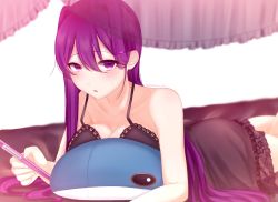 Rule 34 | 1girl, bed, blush, breasts, cleavage, doki doki literature club, hair intakes, hair ornament, hairclip, highres, holding, holding pen, large breasts, lingerie, long hair, lying, negligee, on stomach, pen, purple eyes, purple hair, saihara homare, solo, stuffed toy, sweat, underwear, yuri (doki doki literature club)