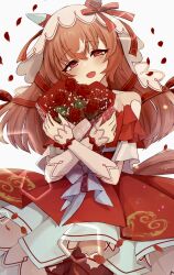 Rule 34 | 1girl, animal ears, blush, brown hair, collarbone, commentary request, detached sleeves, flower, hair between eyes, hair ornament, highres, holding, holding flower, horse ears, horse tail, hugging object, looking at viewer, nakichi n, petals, red eyes, solo, still in love (umamusume), tail, thighhighs, umamusume, veil, white background