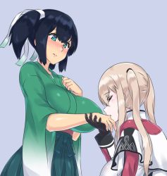 Rule 34 | 10s, 2girls, :o, aqua eyes, aqua skirt, black gloves, blonde hair, blue hair, blush, breasts, capelet, clenched hand, closed eyes, closed mouth, couple, female focus, gloves, graf zeppelin (kancolle), grey background, hair between eyes, hair ribbon, hand on own chest, hand up, hat, holding hands, huge breasts, jacket, japanese clothes, kantai collection, kimono, kiss, kissing hand, kneeling, large breasts, long hair, long sleeves, looking at another, looking down, mizuumi (bb), multiple girls, neck, no headwear, open mouth, ribbon, short hair, short sleeves, sidelocks, simple background, skirt, souryuu (kancolle), standing, twintails, unworn hat, unworn headwear, white ribbon, wide sleeves, yuri