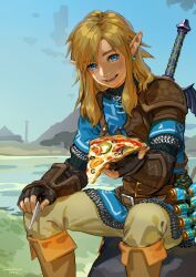 Rule 34 | 1boy, armor, black gloves, blonde hair, blue eyes, boots, dated, day, fingerless gloves, food, gloves, highres, holding, holding food, holding pizza, jane mere, knee boots, link, male focus, master sword, nintendo, open mouth, outdoors, pizza, pizza slice, pointy ears, rock, signature, sitting, sky, solo, sword, the legend of zelda, the legend of zelda: tears of the kingdom, tunic, weapon, weapon on back