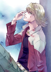 Rule 34 | 10s, 1boy, adjusting eyewear, barnaby brooks jr., belt, black shirt, blonde hair, blood, cuts, from side, glasses, green eyes, hand up, injury, jacket, jewelry, long sleeves, looking at viewer, male focus, necklace, pants, red jacket, satsuki yuu (awairo), shirt, sitting, solo, studded belt, tiger &amp; bunny