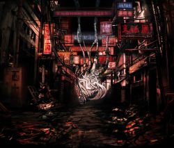 Rule 34 | 1girl, album cover, building, cable, city, cover, cyberpunk, dark, highres, no pants, original, ruins, scenery, sign, toi (number8), vocaloid