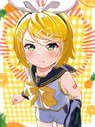 Rule 34 | :t, arm warmers, bare shoulders, black collar, blurry, blurry background, blush, bow, bowtie, clenched hand, collar, collarbone, collared shirt, depth of field, food, foreshortening, fortissimo, from above, fruit, green eyes, hair bow, highres, kagamine rin, kagamine rin (vocaloid4), kurohanesawa, looking at viewer, orange (fruit), orange background, orange slice, pineapple, pout, shirt, shorts, shoulder tattoo, sleeveless, sleeveless shirt, tattoo, tearing up, tears, v-shaped eyebrows, v4x, vocaloid, white bow, white shirt, white shorts, yellow bow, yellow bowtie