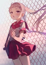 Rule 34 | 1girl, bag, blush, chain-link fence, cigarette, commentary, cowboy shot, fence, grey hair, holding, holding cigarette, long hair, looking at viewer, neckerchief, open mouth, original, outdoors, pink eyes, pink sailor collar, pink skirt, sailor collar, school uniform, short sleeves, shoulder bag, skirt, sky, solo, symbol-only commentary, twintails, wolflove