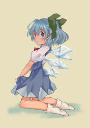 Rule 34 | 1girl, absurdres, adapted costume, blue eyes, blue hair, blue skirt, blue vest, bow, cirno, closed mouth, detached wings, from side, frown, full body, green bow, hair between eyes, hair bow, higashi kana, highres, ice, ice wings, looking at viewer, looking to the side, no shoes, puffy short sleeves, puffy sleeves, shirt, short hair, short sleeves, simple background, skirt, skirt set, socks, solo, touhou, vest, white shirt, white socks, wings