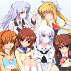 Rule 34 | 6+girls, :d, ^ ^, ahoge, air (visual novel), angel beats!, animal, animal hug, antenna hair, black dress, black jacket, blonde hair, blue eyes, blush, bow, brown coat, brown eyes, brown gloves, brown hair, cat, clannad, closed eyes, closed mouth, coat, company connection, cross, crossover, dress, dress shirt, expressionless, eyes visible through hair, floating hair, fox, frown, furukawa nagisa, gloves, grin, hair between eyes, hair bow, hairband, half updo, hand up, happy, highres, holding hands, hood, hood down, inari (summer pockets), jacket, kamio misuzu, kanon, key (company), knee up, knees up, little busters!, long hair, long sleeves, looking at another, looking at viewer, looking to the side, medium hair, milestone celebration, mittens, multiple girls, naruse shiroha, natsume rin, neck ribbon, necktie, open mouth, otou (otou san), parted lips, piro, ponytail, puffy short sleeves, puffy sleeves, red eyes, red hairband, red necktie, ribbon, sailor collar, school uniform, second-party source, shirt, short necktie, short sleeves, shy, sidelocks, simple background, sitting, smile, standing, straight hair, summer pockets, tenshi (angel beats!), tsukimiya ayu, upper body, v, white background, white bow, white sailor collar, white shirt, yellow jacket, yellow ribbon, yellow shirt