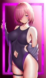 Rule 34 | 1girl, bare shoulders, blush, breasts, clothing cutout, collarbone, competition swimsuit, cowboy shot, fate/grand order, fate (series), groin, hair over one eye, hand up, highleg, highleg swimsuit, jacket, large breasts, looking at viewer, mash kyrielight, navel, navel cutout, off shoulder, one-piece swimsuit, panties, purple eyes, purple hair, purple one-piece swimsuit, short hair, skirt, solo, swimsuit, thigh strap, thighs, underwear, zukky