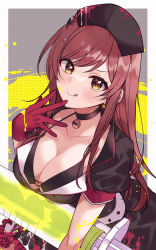 Rule 34 | 1girl, :q, absurdres, black bra, black choker, black dress, blush, bra, breasts, choker, cleavage, closed mouth, collarbone, dress, earrings, gloves, hair ornament, hairclip, hat, highres, holding, holding syringe, idolmaster, idolmaster shiny colors, jewelry, large breasts, large syringe, licking lips, long hair, looking at viewer, naughty face, nurse, nurse cap, osaki amana, oversized object, puffy short sleeves, puffy sleeves, red gloves, red hair, short sleeves, smile, solo, swept bangs, syringe, tongue, tongue out, underwear, wasa (wanosabi), yellow eyes
