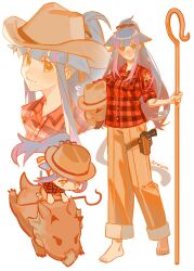 Rule 34 | 1girl, animal, animal ears, araiyme, arknights, artist name, barefoot, blush, boar, brown hat, brown pants, cat ears, cat girl, cat tail, commentary, cowboy hat, english commentary, gun, handgun, hat, highres, holding, holding animal, holster, jessica (arknights), long hair, looking at viewer, multiple views, pants, plaid, plaid shirt, ponytail, red shirt, riding boar, shepherd&#039;s crook, sheriff badge, shirt, simple background, sleeves rolled up, smile, tail, weapon, white background, yellow eyes