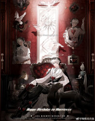 3boys absurdres armchair ascot bird bird_brooch black_cape black_corset black_hair black_robe book borrowed_character braid braided_bangs brooch cabinet cape chain_belt chair chalice character_name chest_jewel chinese_commentary closed_eyes closed_mouth collar collared_shirt commentary corset cross cup dove drawer earrings english_commentary expressionless final_fantasy final_fantasy_xiv flower framed_insect frilled_shirt_collar frilled_sleeves frills full_body gem grey_ascot grey_eyes hair_between_eyes haixian_jirou_guo halo hand_up happy_birthday heart-shaped_gem heterochromia highres holding holding_sword holding_weapon hyur indoors infinity_symbol jewelry leopard light_particles long_sleeves looking_at_viewer low_ponytail male_focus mirror mixed-language_commentary multicolored_hair multiple_boys multiple_persona murrtecys_ansuz original parted_lips petting phonograph picture_frame plunging_neckline red_flower red_gemstone red_rose reflection robe rose scar scar_on_face sheath sheathed shirt short_hair sitting sitting_sideways skeleton sleeves_past_wrists spotlight stabbed_heart sun_symbol sword sword_in_front_of_face through_medium through_painting two-tone_hair wallpaper_(object) warrior_of_light_(ff14) watermark weapon weibo_watermark white_ascot white_hair white_shirt yellow_eyes