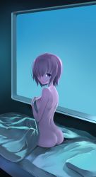 Rule 34 | 1girl, ass, back, bad id, bad twitter id, bed sheet, breasts, closed mouth, fate/grand order, fate (series), hair over one eye, highres, light purple hair, looking at viewer, looking back, mash kyrielight, medium breasts, nude, on bed, purple eyes, shirotsumekusa, short hair, sitting, solo