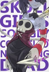 Rule 34 | 1girl, bare shoulders, blue skin, breasts, cleavage, colored skin, detached collar, detached sleeves, hair over one eye, leviathan (skullgirls), side ponytail, skullgirls, squigly (skullgirls), stitched mouth, stitches, striped, striped sleeves, xue jiang (simoncry), zombie